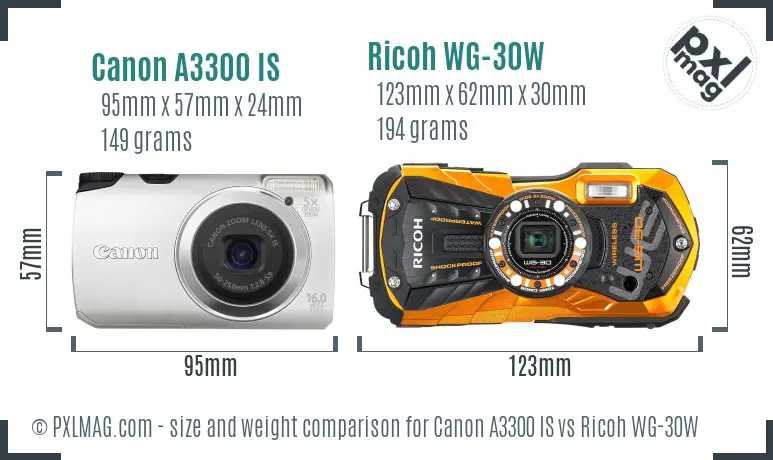 Canon A3300 IS vs Ricoh WG-30W size comparison