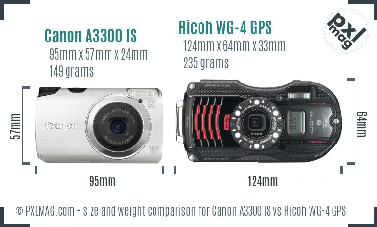 Canon A3300 IS vs Ricoh WG-4 GPS size comparison