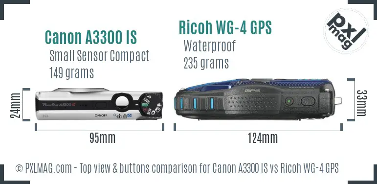 Canon A3300 IS vs Ricoh WG-4 GPS top view buttons comparison