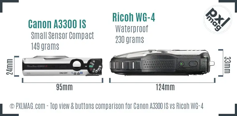 Canon A3300 IS vs Ricoh WG-4 top view buttons comparison