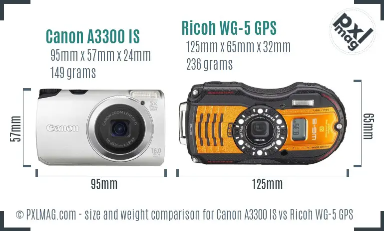 Canon A3300 IS vs Ricoh WG-5 GPS size comparison