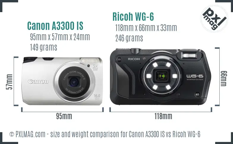 Canon A3300 IS vs Ricoh WG-6 size comparison