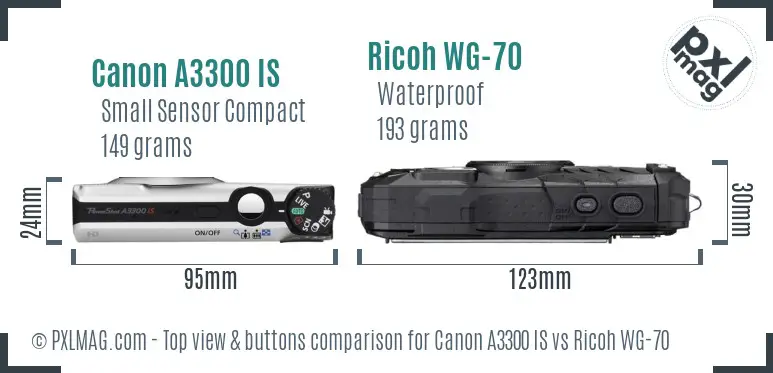 Canon A3300 IS vs Ricoh WG-70 top view buttons comparison Canon A3300 IS vs Ricoh WG-70 top view buttons comparison