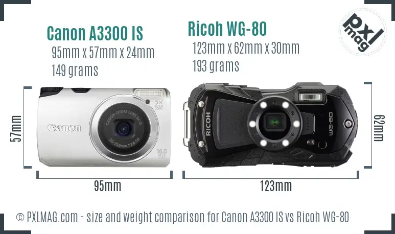 Canon A3300 IS vs Ricoh WG-80 size comparison Canon A3300 IS vs Ricoh WG-80 size comparison