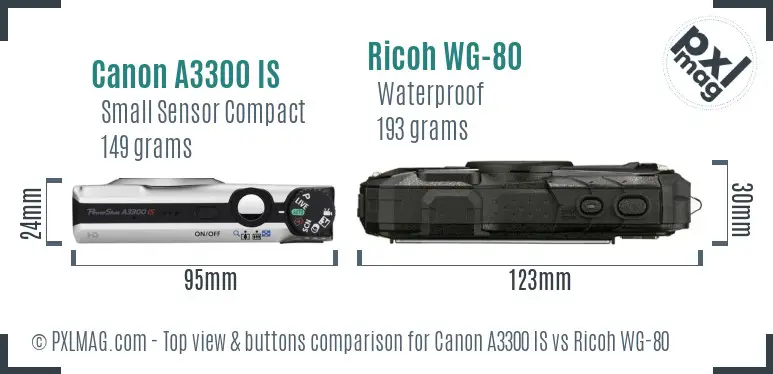 Canon A3300 IS vs Ricoh WG-80 top view buttons comparison Canon A3300 IS vs Ricoh WG-80 top view buttons comparison