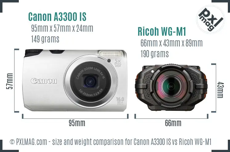Canon A3300 IS vs Ricoh WG-M1 size comparison