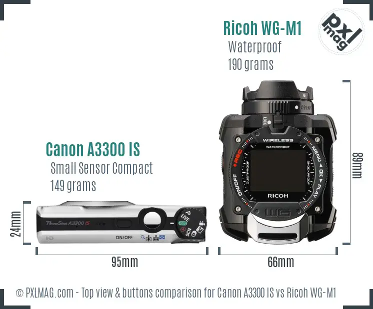 Canon A3300 IS vs Ricoh WG-M1 top view buttons comparison