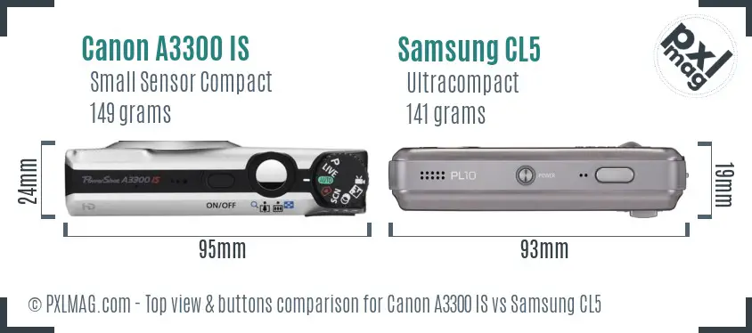 Canon A3300 IS vs Samsung CL5 top view buttons comparison