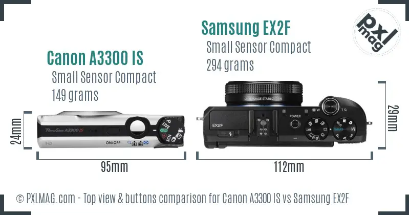Canon A3300 IS vs Samsung EX2F top view buttons comparison