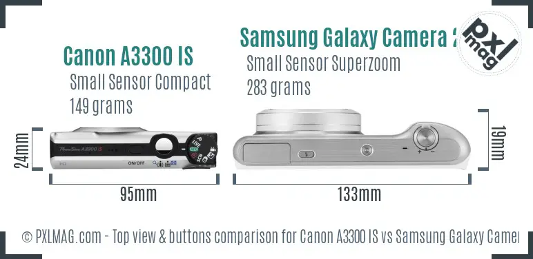 Canon A3300 IS vs Samsung Galaxy Camera 2 top view buttons comparison