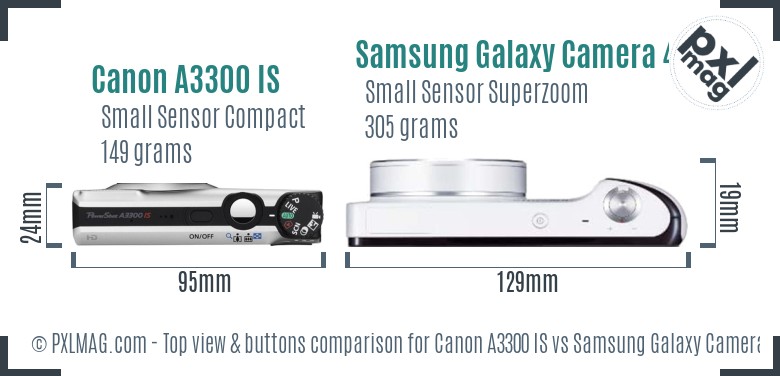 Canon A3300 IS vs Samsung Galaxy Camera 4G top view buttons comparison