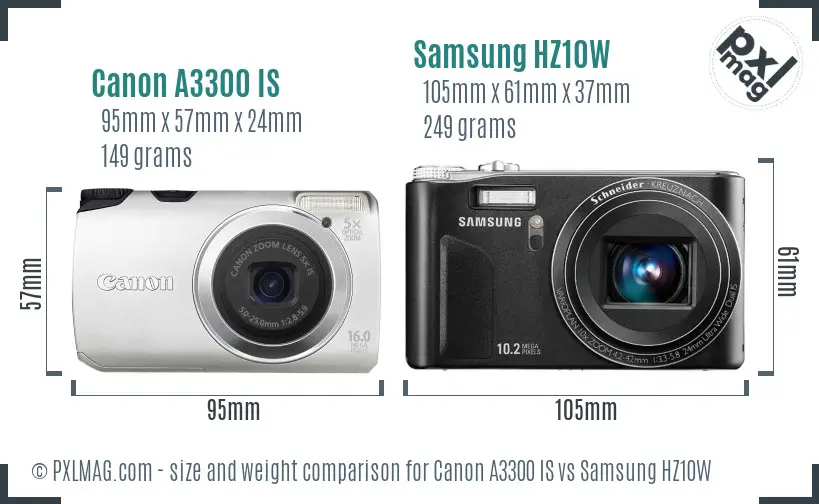 Canon A3300 IS vs Samsung HZ10W size comparison