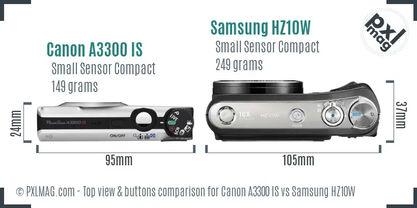 Canon A3300 IS vs Samsung HZ10W top view buttons comparison