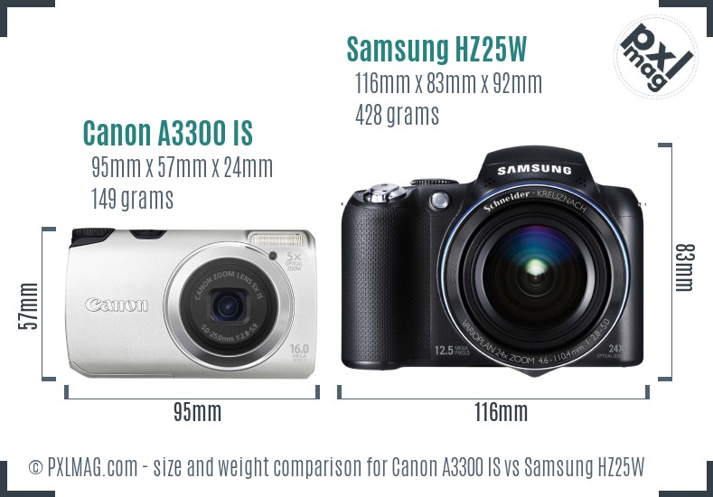 Canon A3300 IS vs Samsung HZ25W size comparison Canon A3300 IS vs Samsung HZ25W size comparison
