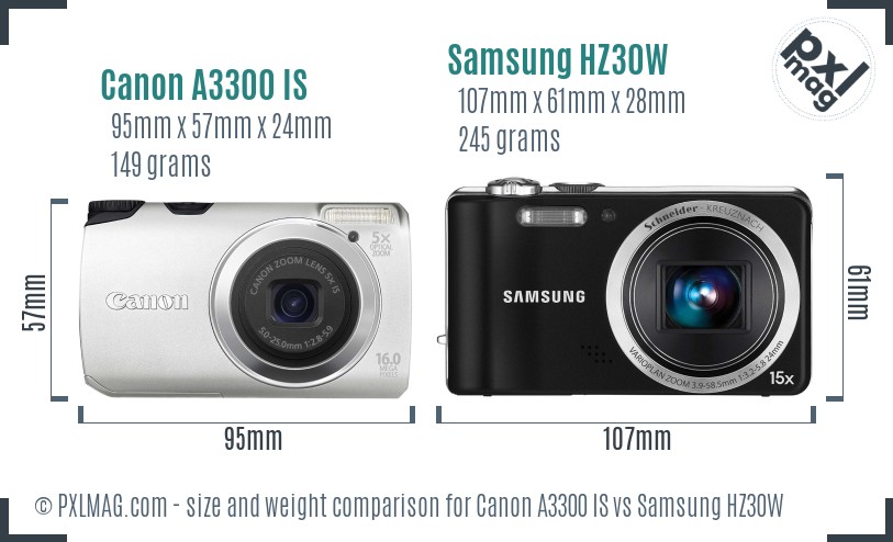 Canon A3300 IS vs Samsung HZ30W size comparison
