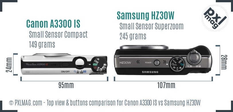 Canon A3300 IS vs Samsung HZ30W top view buttons comparison