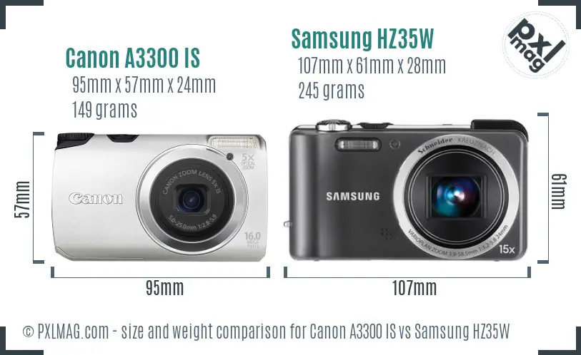 Canon A3300 IS vs Samsung HZ35W size comparison Canon A3300 IS vs Samsung HZ35W size comparison
