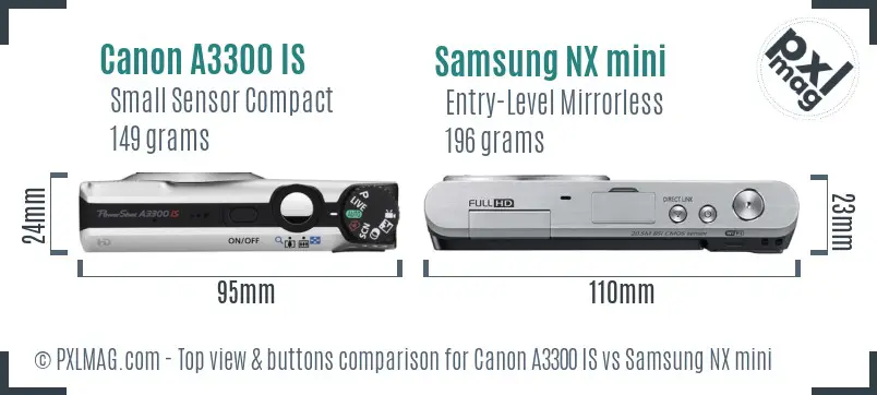 Canon A3300 IS vs Samsung NX mini top view buttons comparison
