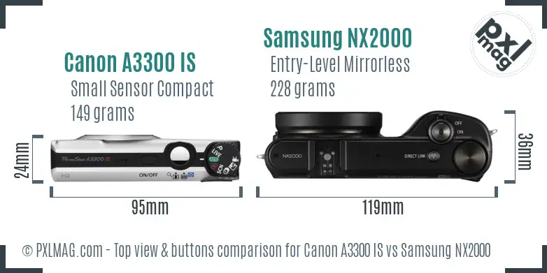 Canon A3300 IS vs Samsung NX2000 top view buttons comparison