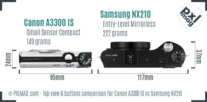 Canon A3300 IS vs Samsung NX210 top view buttons comparison