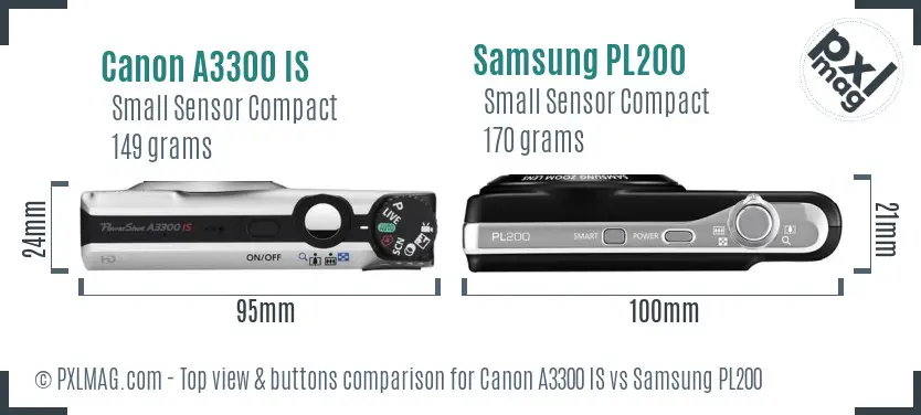 Canon A3300 IS vs Samsung PL200 top view buttons comparison Canon A3300 IS vs Samsung PL200 top view buttons comparison