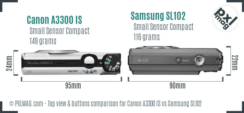 Canon A3300 IS vs Samsung SL102 top view buttons comparison