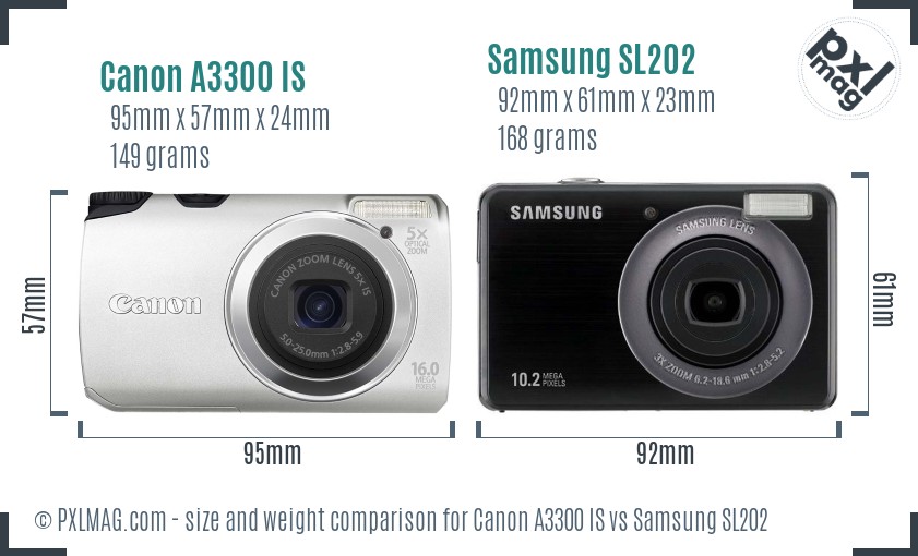 Canon A3300 IS vs Samsung SL202 size comparison