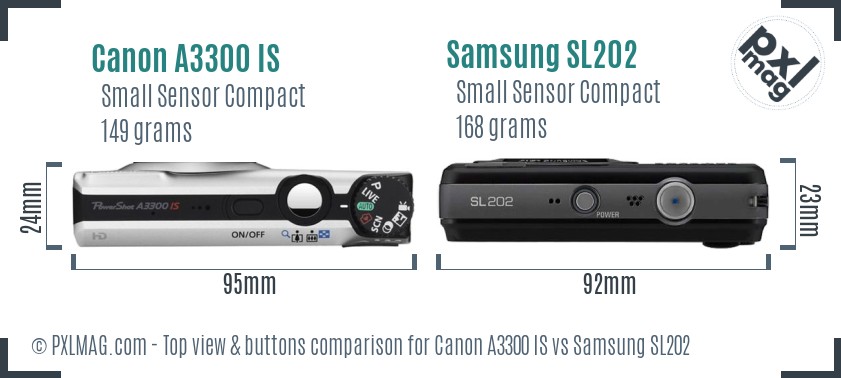 Canon A3300 IS vs Samsung SL202 top view buttons comparison