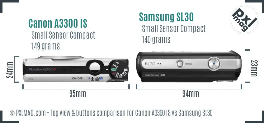 Canon A3300 IS vs Samsung SL30 top view buttons comparison Canon A3300 IS vs Samsung SL30 top view buttons comparison