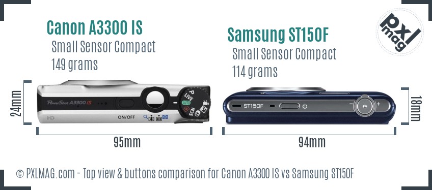 Canon A3300 IS vs Samsung ST150F top view buttons comparison
