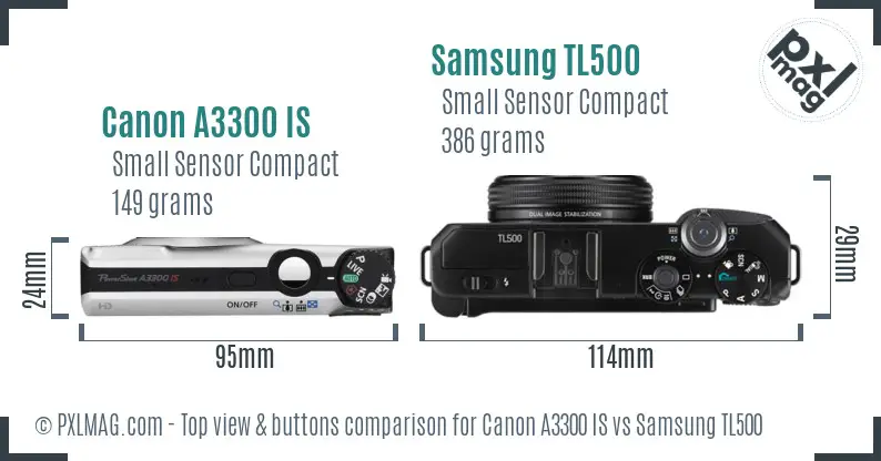 Canon A3300 IS vs Samsung TL500 top view buttons comparison Canon A3300 IS vs Samsung TL500 top view buttons comparison