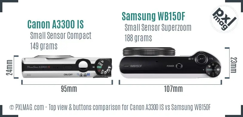 Canon A3300 IS vs Samsung WB150F top view buttons comparison