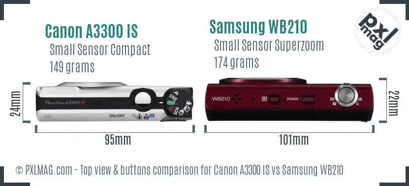 Canon A3300 IS vs Samsung WB210 top view buttons comparison Canon A3300 IS vs Samsung WB210 top view buttons comparison