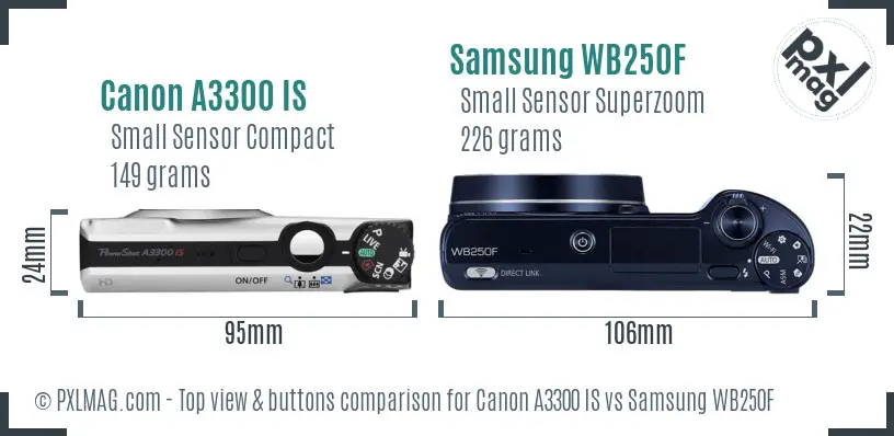 Canon A3300 IS vs Samsung WB250F top view buttons comparison