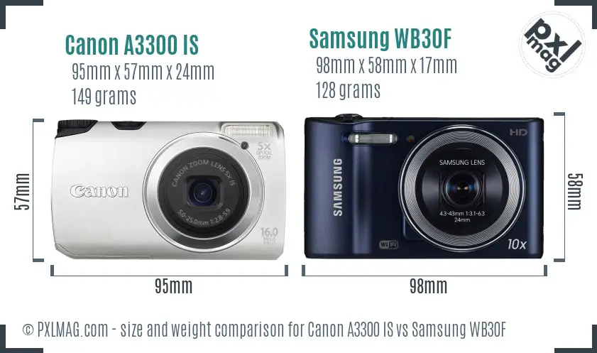 Canon A3300 IS vs Samsung WB30F size comparison