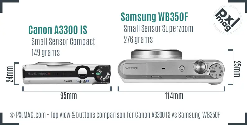 Canon A3300 IS vs Samsung WB350F top view buttons comparison