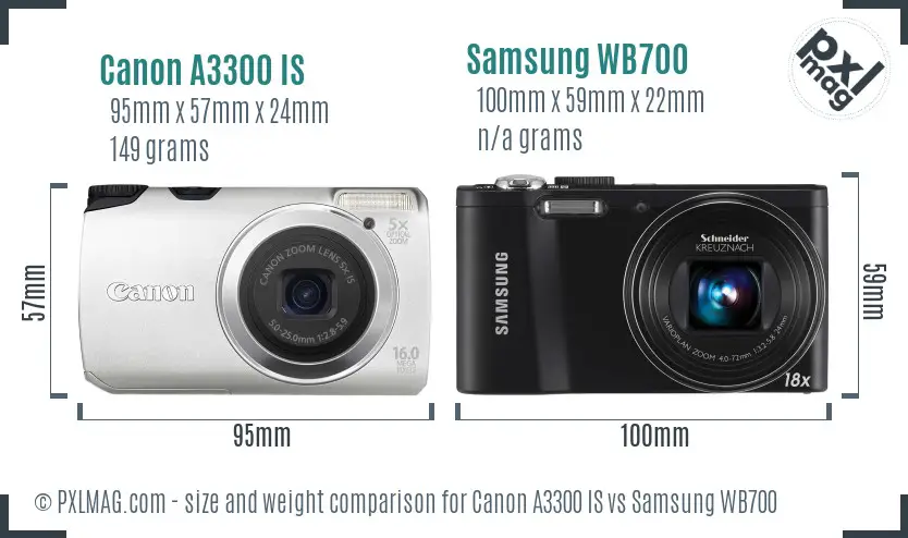 Canon A3300 IS vs Samsung WB700 size comparison Canon A3300 IS vs Samsung WB700 size comparison