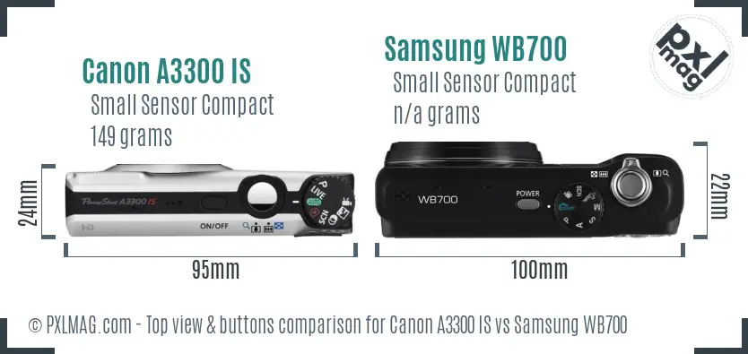 Canon A3300 IS vs Samsung WB700 top view buttons comparison Canon A3300 IS vs Samsung WB700 top view buttons comparison