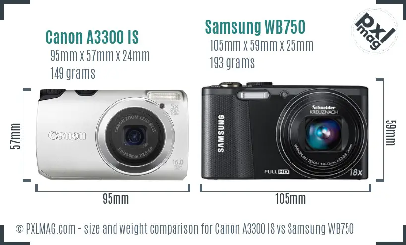 Canon A3300 IS vs Samsung WB750 size comparison