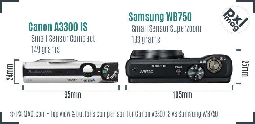 Canon A3300 IS vs Samsung WB750 top view buttons comparison