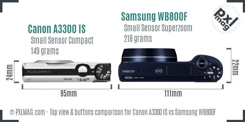 Canon A3300 IS vs Samsung WB800F top view buttons comparison
