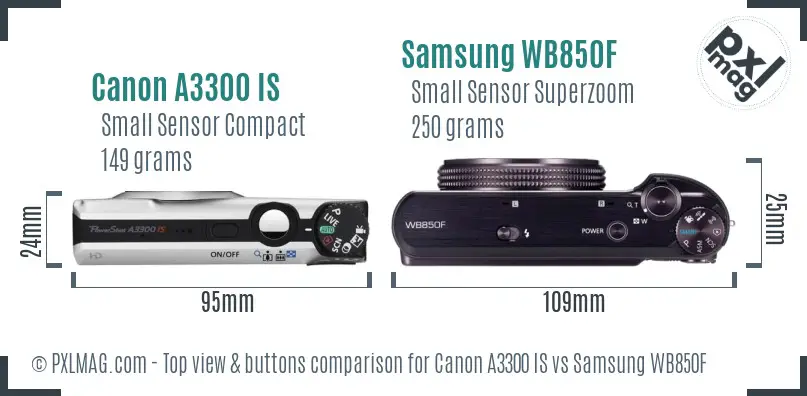 Canon A3300 IS vs Samsung WB850F top view buttons comparison