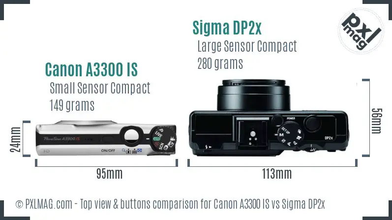 Canon A3300 IS vs Sigma DP2x top view buttons comparison