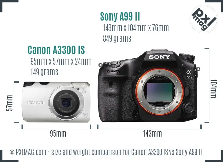 Canon A3300 IS vs Sony A99 II size comparison
