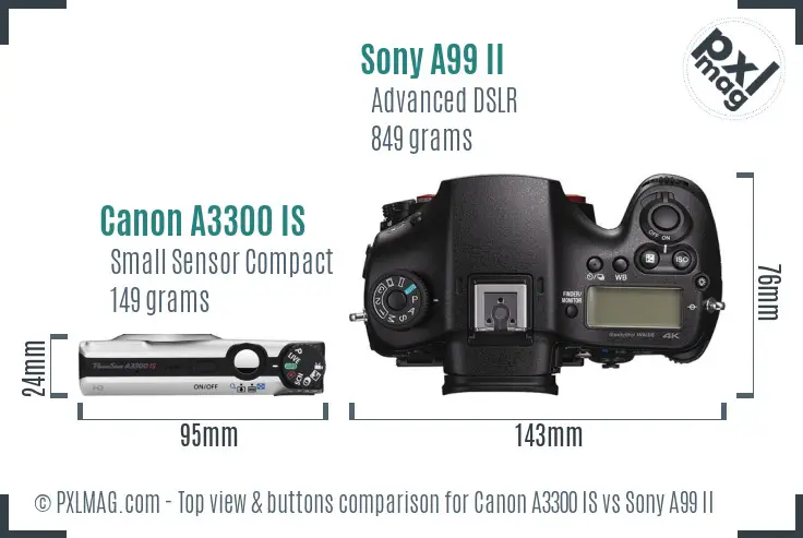 Canon A3300 IS vs Sony A99 II top view buttons comparison