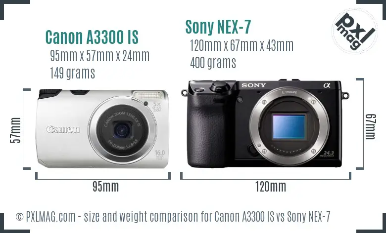 Canon A3300 IS vs Sony NEX-7 size comparison