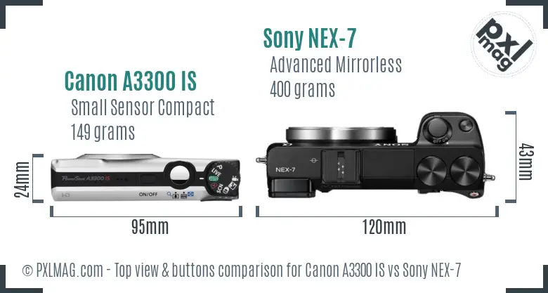 Canon A3300 IS vs Sony NEX-7 top view buttons comparison