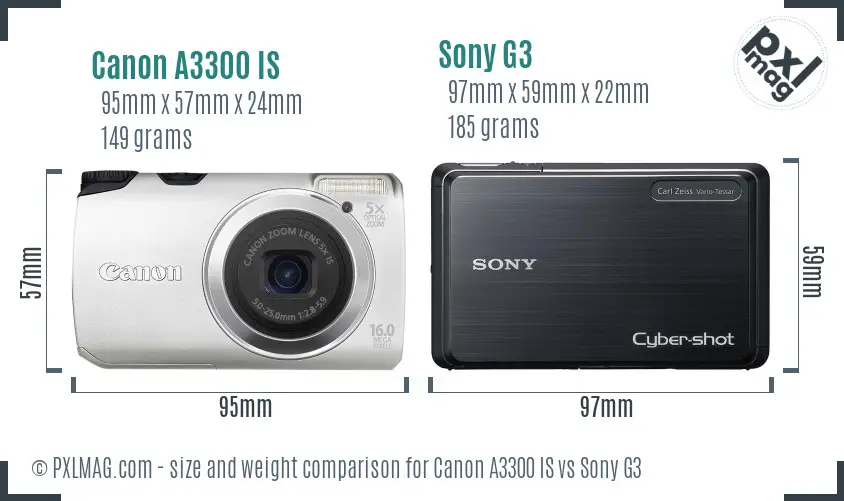Canon A3300 IS vs Sony G3 size comparison