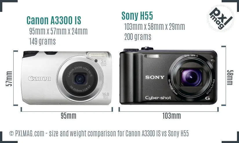Canon A3300 IS vs Sony H55 size comparison