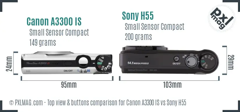Canon A3300 IS vs Sony H55 top view buttons comparison